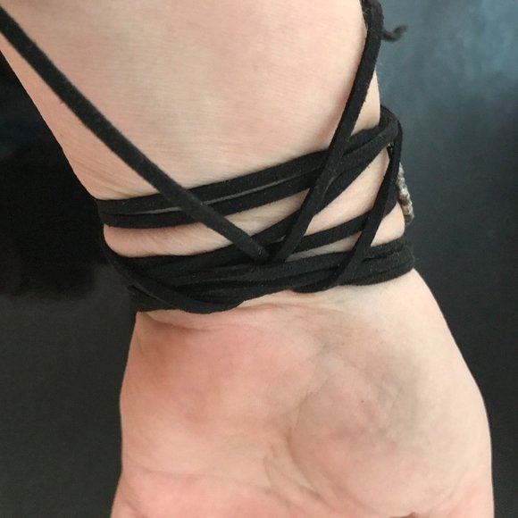 Sterling Silver Cuff Bracelet Leather Yoga Wrap Tie Antique Floral 925 Victorian - Picture 2 of 7